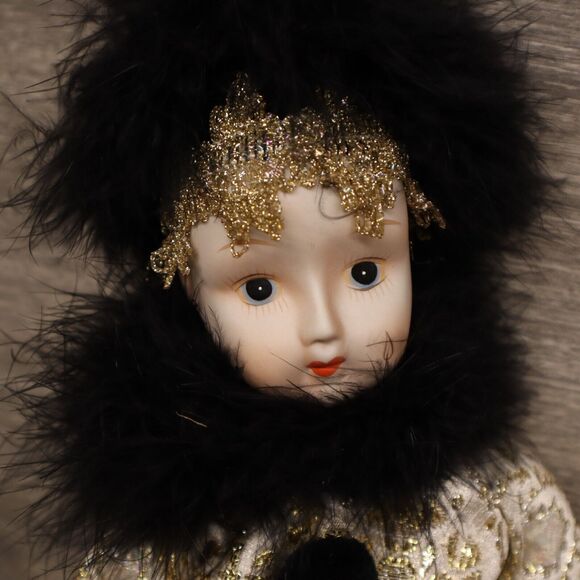 Vintage Victorian Court Jester Porcelain Clown Doll Black Gold Glitter Fuzzy - Picture 2 of 10